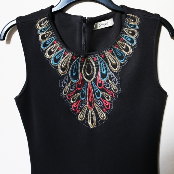 Stretch Thick Fabric Embroidered Black Dress - Picture 2 of 3